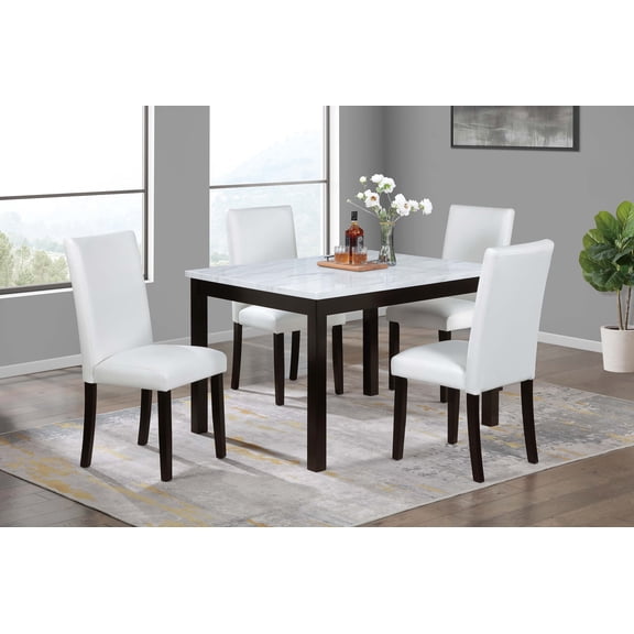 5-Piece Dining Set White And Espresso Faux Marble Top Table And 4x Side Chairs Faux Leather Upholstered Seat Back Dining Room
