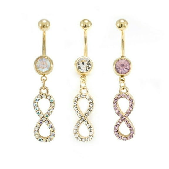 Infinity Belly Ring 14ga Gold I.P. Dangle Style CZ Gems 316L Surgical Steel