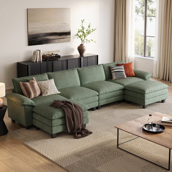 LINSY HOME Modular Sectional Sofa for Living Room, U-Shaped Cloud Sofa Couch with 2 Ottomans, Green