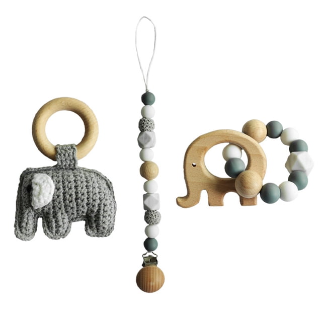Juguetes de dentición Juguetes para la dentición del bebé, Clip para chupete, anillo de dentición de silicona de madera, cuentas, lindo mordedor calmante para aliviar el dolor de la dentición Meterk Juguetes de dentición