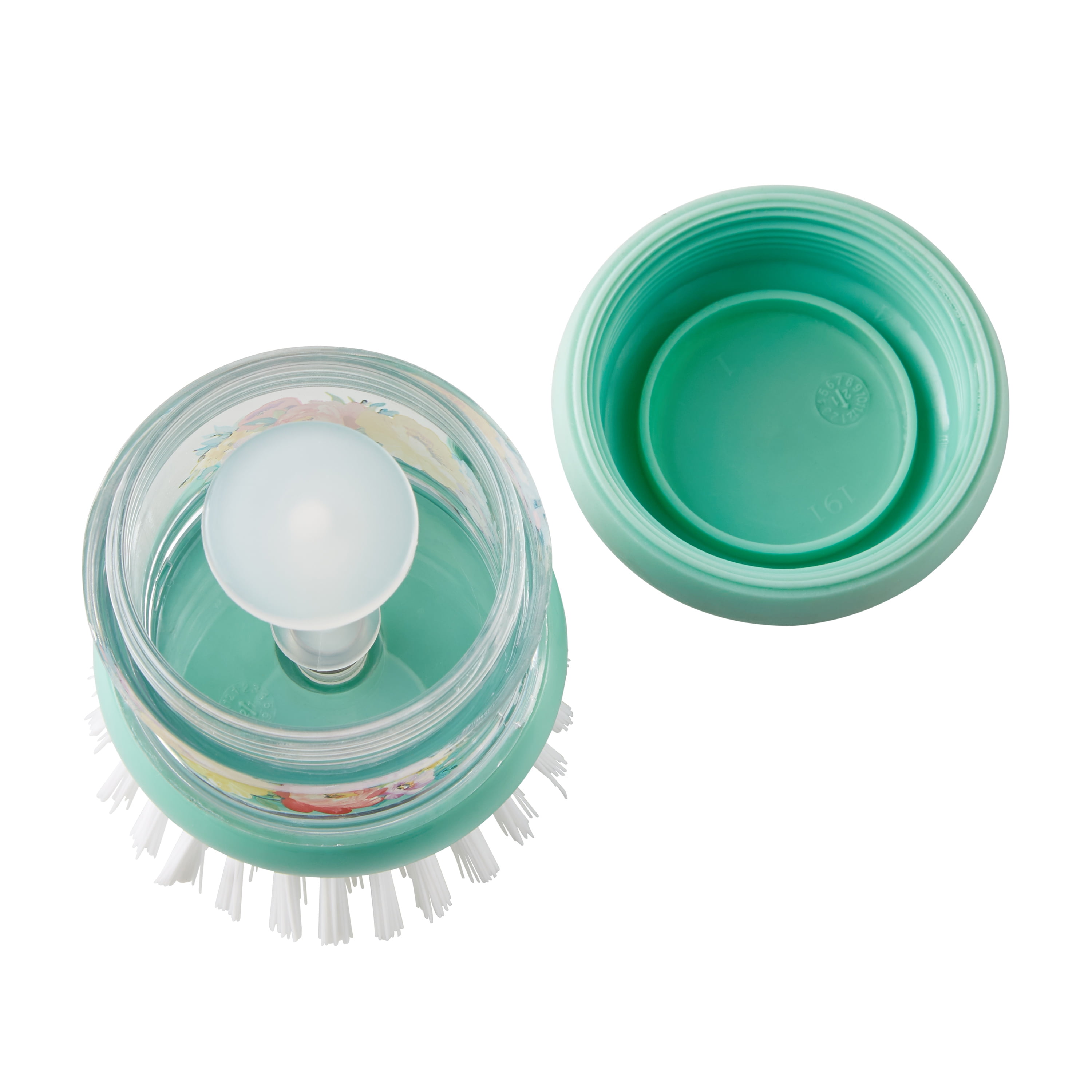 The Pioneer Woman 5-Piece Soap-Dispensing Dish Wand and Palm Brush Set, Floral/Teal