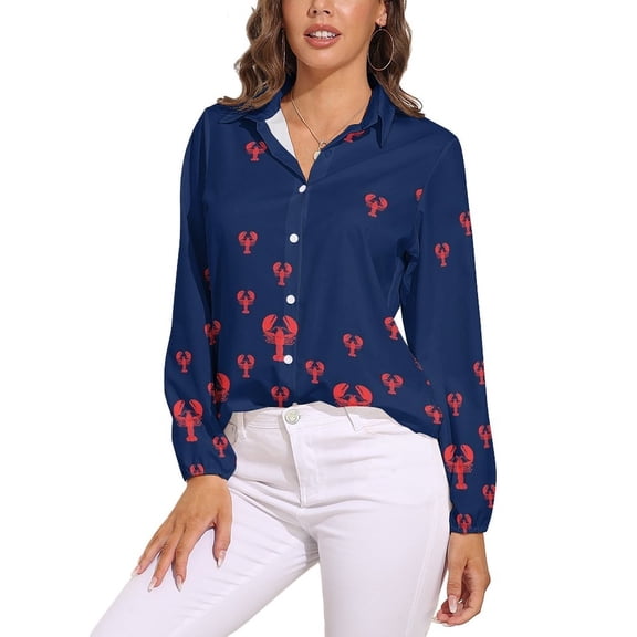Lobster Squadron on Navy Long Sleeve Blouse Woman Streetwear Casual Shirts Summer Oversize Woman Streetwear Clothing Birthday Present