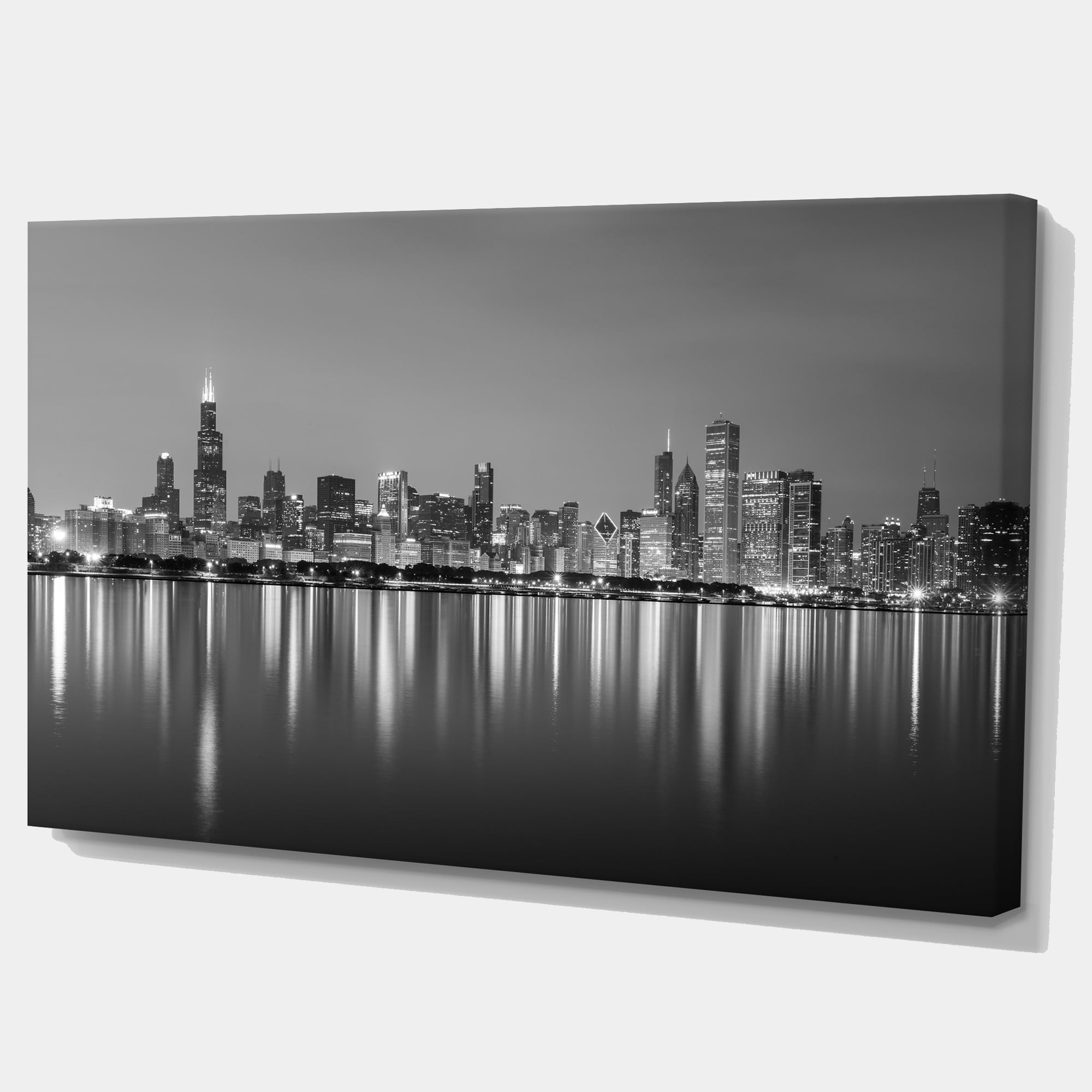 Designart 'Chicago Skyline at Night Black and White ' Cityscape Canvas Print