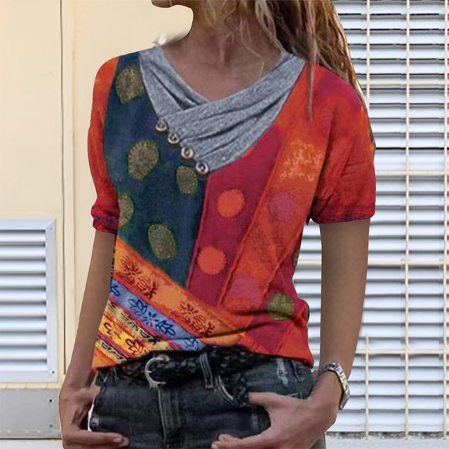 Puntoco Mujer Tie-Dye Impreso Bordado Cuello Manga Corta Pullover Blusa tops Puntoco Puntoco-236