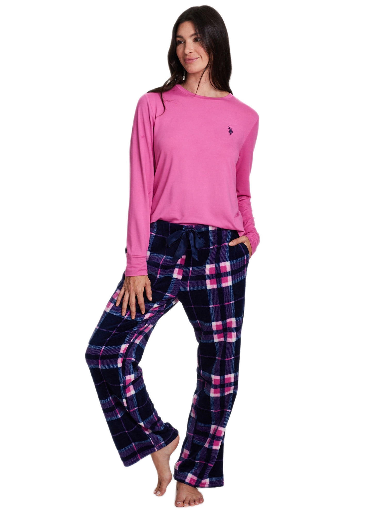U.S. Polo Assn. Women's Holiday Giftable Long Sleeve Top and Plush Pant Pajama Sleep Set, 2-Piece, Sizes S-3X