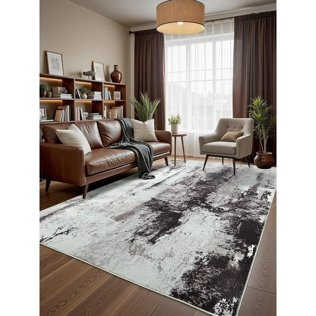 Macgace Modern Abstract Rugs for Living Room, 5'x7' Machine Washable Area Rug with Non Slip Backing for Bedroom, Soft Floor Covering Contemporary Carpet for Dining Room Kitchen Home Office, Brown