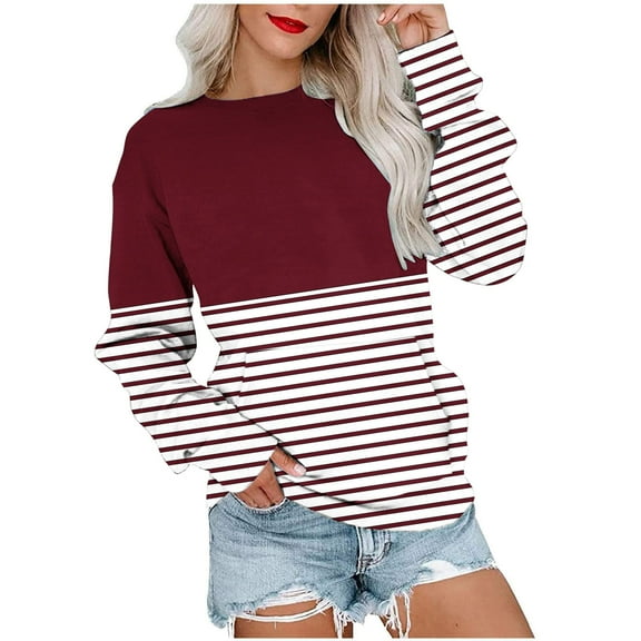 hotojiny Casual Sweatshirt for Women Long Sleeve Loose Crew Neck Pullover Tops Fall Fashion Striped Shirts with Pocket