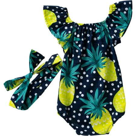 

Wewean Newborn Baby Floral Romper Ruffle Sleeveless Infant Girl Summer Cotton Jumpsuit Bodysuit + Bowknot Headband E1773