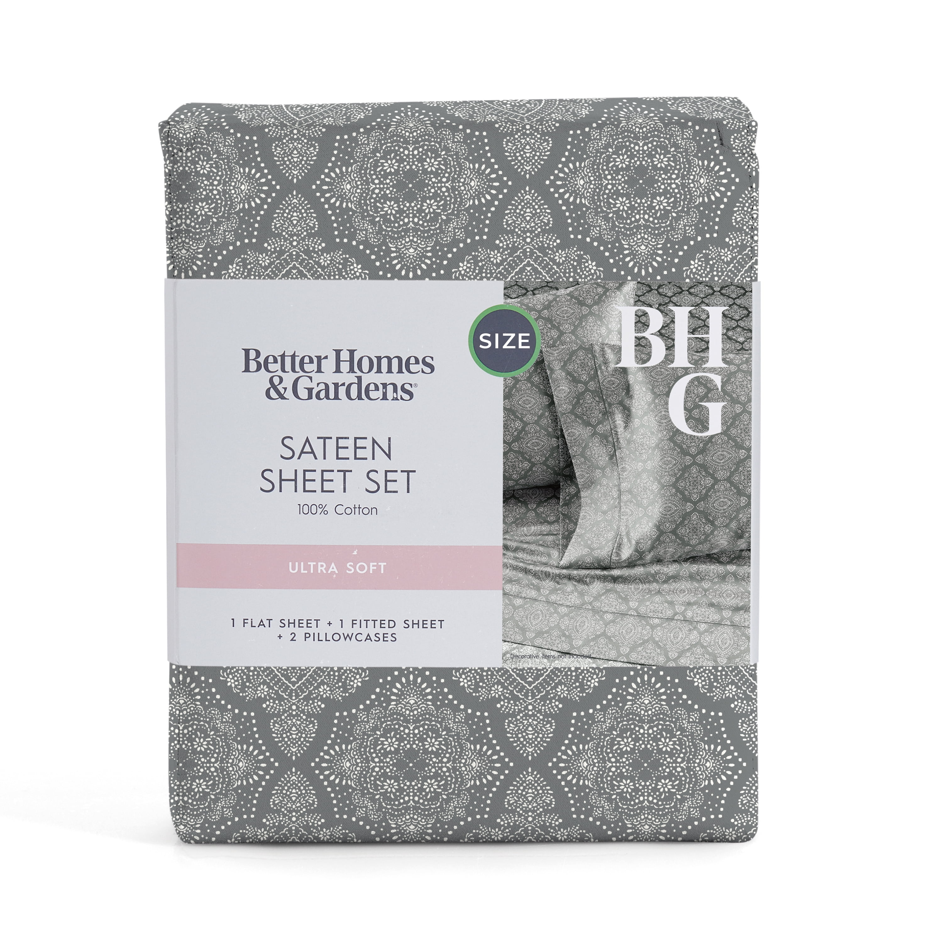 Better Homes & Gardens 4-Piece 400 Thread Count Ogee Grey Flannel Performance Bed Sheet Set, Queen