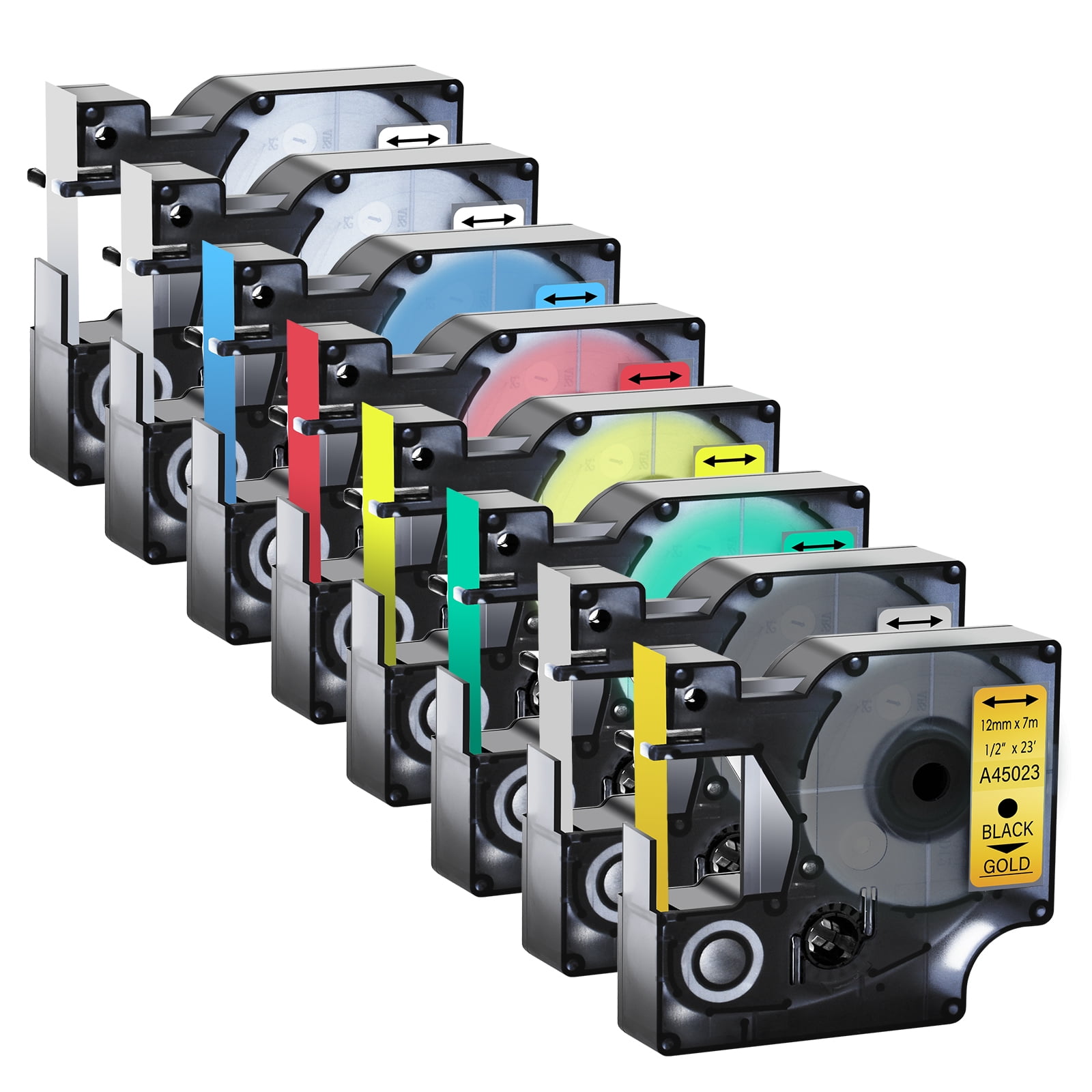 GREENCYCLE 8PK 12mm Black on Clear/White/Blue/Red/Yellow/Green/Silver/Gold Label Tape Compatible for Dymo D1 45010 45013 45016 45017 45018 45019 45022 45023 LabelManager LabelPoint LabelWriter Printer