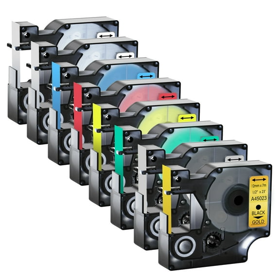 GREENCYCLE 8PK 12mm Black on Clear/White/Blue/Red/Yellow/Green/Silver/Gold Label Tape Compatible for Dymo D1 45010 45013 45016 45017 45018 45019 45022 45023 LabelManager LabelPoint LabelWriter Printer