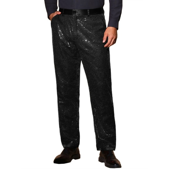 INSPIRE CHIC Men's Pants Metallic Sequin Dress Party Style Regular Fit Trousers 32 Black
