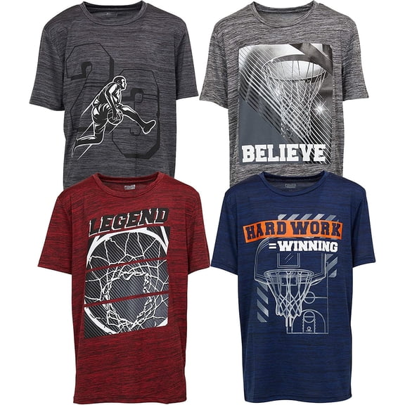 Boys T Shirts - Youth Big Kids Active Athletic Workout Sports Basketball Graphic Short Sleeve Top 4 Pack