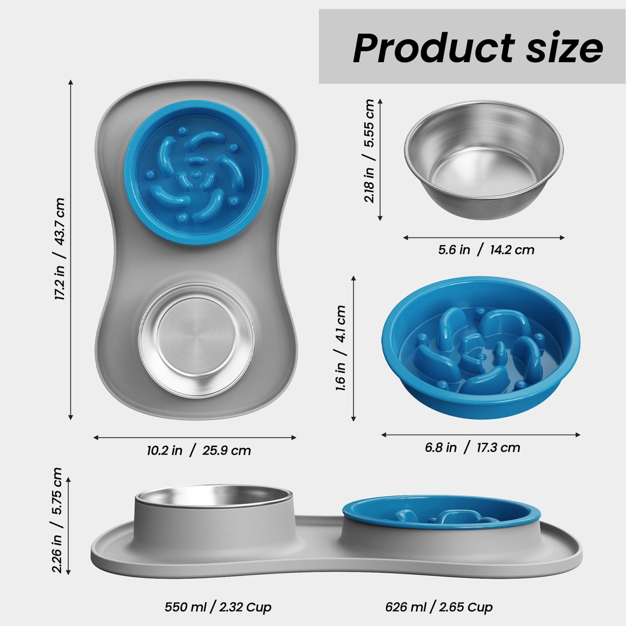 Slow Feeder Dog Bowls Stainless Steel, 3 in 1 No Spill Dog and Water Bowl Set with Non Slip Silicone Mat, Puppy Feeding Station for Large Medium Small Breeds, Gray