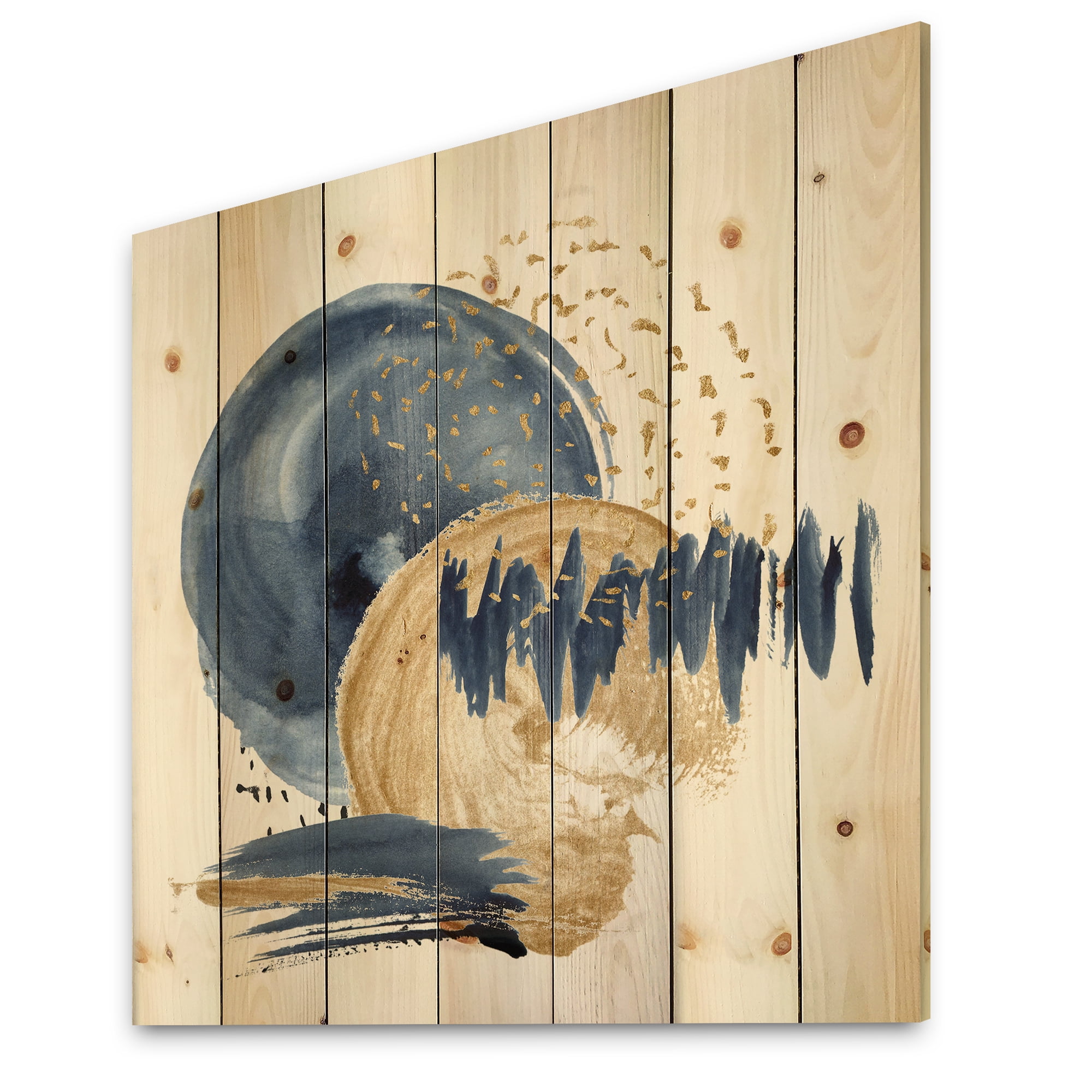 Designart 'Gold and Dark Blue Abstract Circle Ocean Texture' Modern Print on Natural Pine Wood