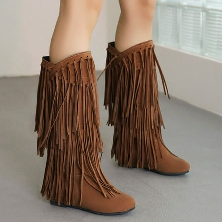 

ERTUTUYI Women s Plus Size Winter Suede Heel Fringe Boots Inside Booster Mid Length Boots Yellow 37