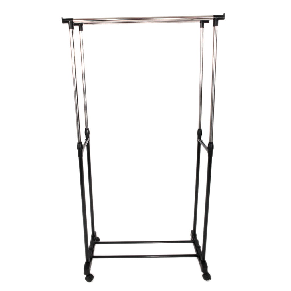 Dualbar Vertical Stretching Stand Clothes Rack with Shoe Shelf Rolling