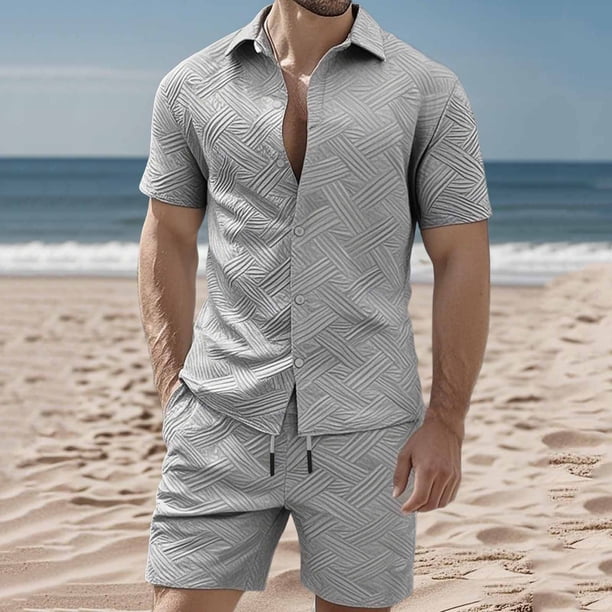 Ceisia Men's Slim Fit Jacquard 2-Piece Set Short Sleeve Button-Down Shirt with Elastic Waist Drawstring Shorts Gifts