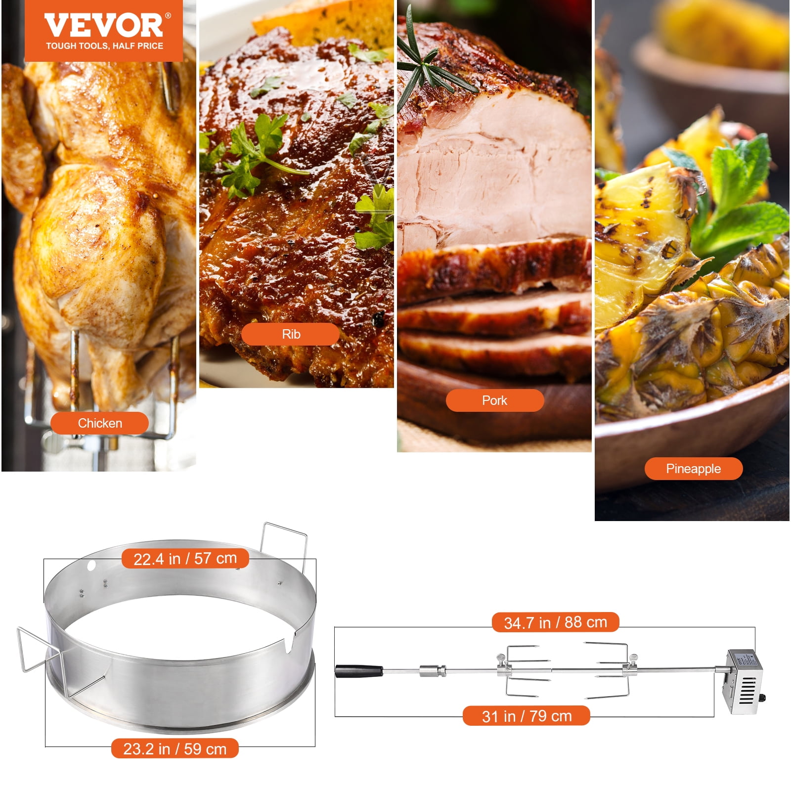 BENTISM BBQ Rotisserie Ring Kit for 22" Kettle Charcoal Grills Stainless Steel