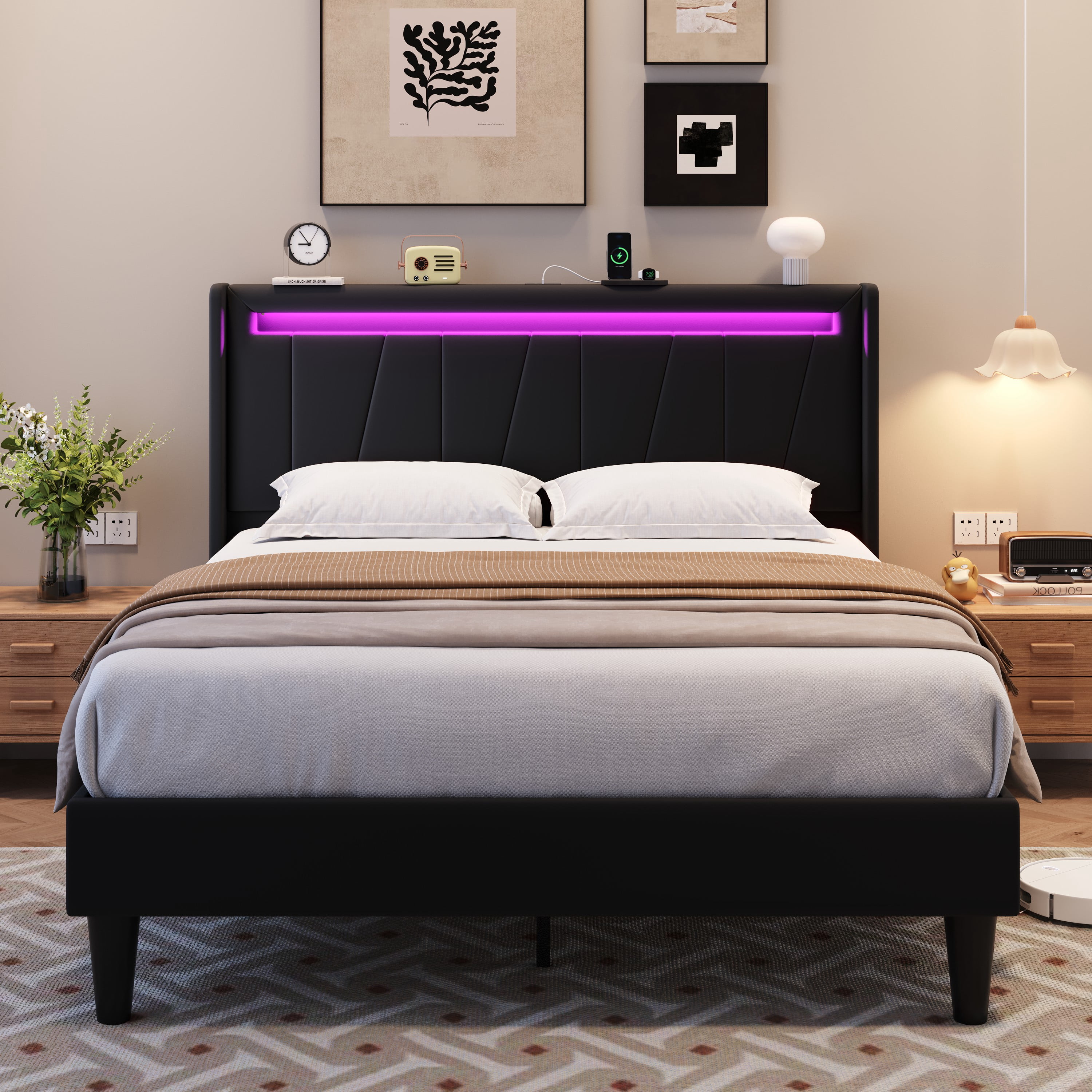 Amolife Queen Size Bed Frame with Charging Station & LED Light, Velvet Upholstered Platform Bed with Geometric Wingback Headboard, Black