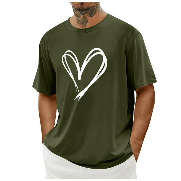Tops para hombre, blusas y camisas de cuello redondo y manga corta para hombre. Camiseta/camisa informal de cuello redondo y manga corta con estampado de corazones para hombre. Tops de poliéster para