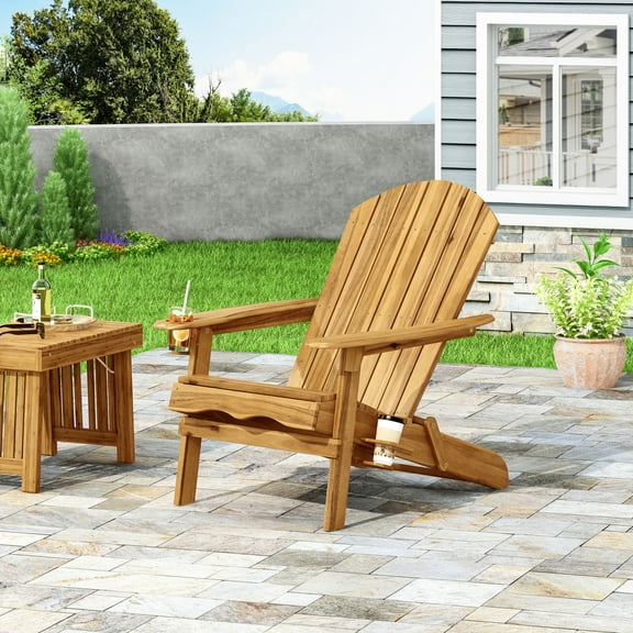 Christopher Knight Home Wood Outdoor Adirondack Chair, Folding Patio Lounge Chair with Cup Holders, Teak