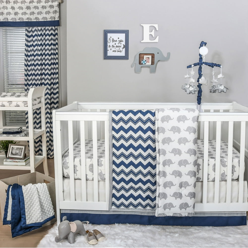 The Peanut Shell 3 Piece Baby Crib Bedding Set Navy Zig Zag and Grey