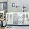 The Peanut Shell 4 Piece Baby Crib Bedding Set - Navy Blue Zig Zag Geometric and Grey Elephants - 100% Cotton Quilt, Dust Ruffle, Fitted Sheet, and Mobile