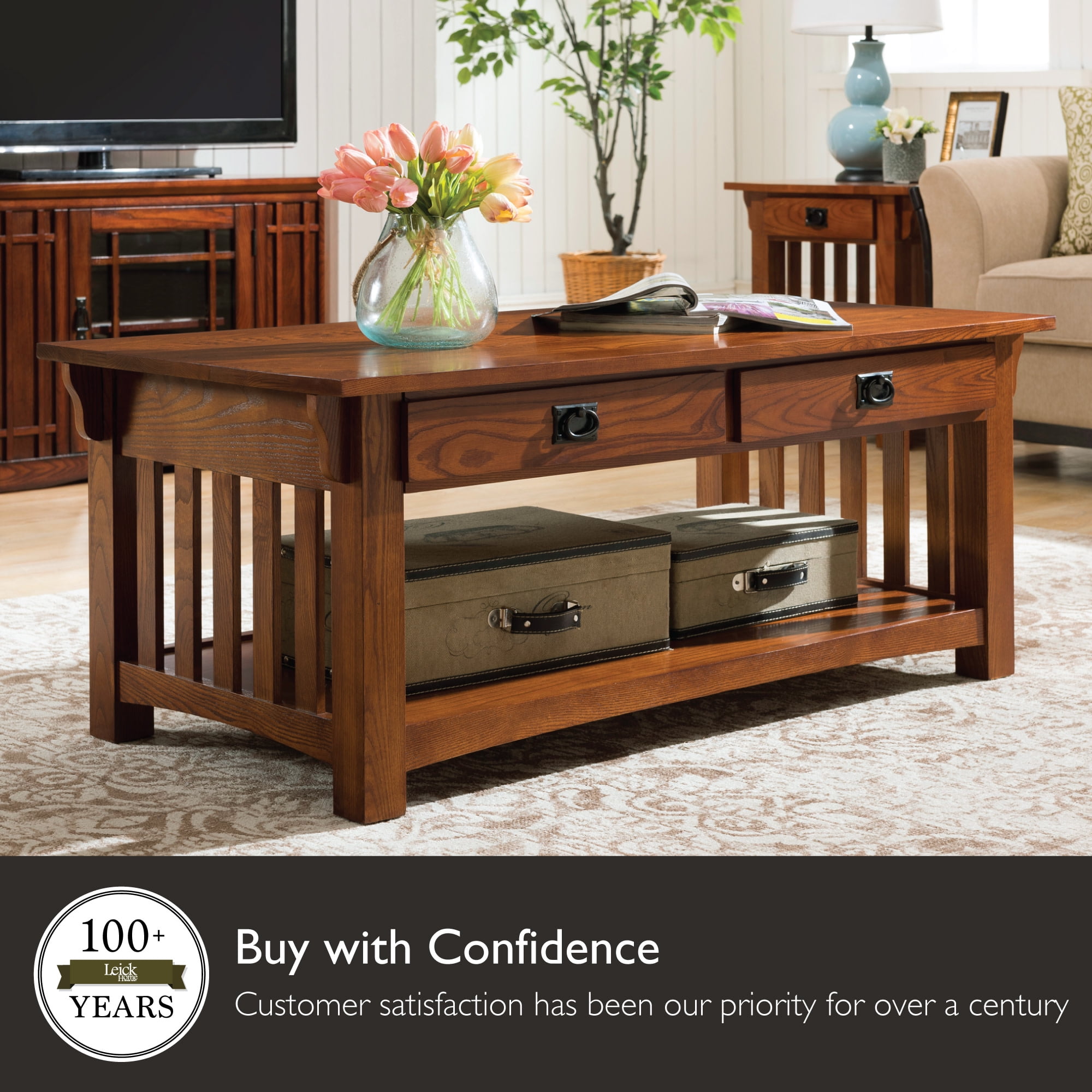 Leick Home Mission Solid Wood Coffee Table with Drawers and Shelf, Medium Oak Finish