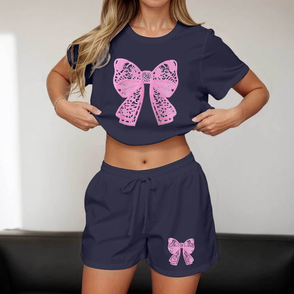 MAIHAN Outfits for Women Summer Outfits for Women 2026 Short Sleeve Tops Shorts Elastic Waist Shorts 2pcs Clothes Set Plus Size Travel Outfits for Women