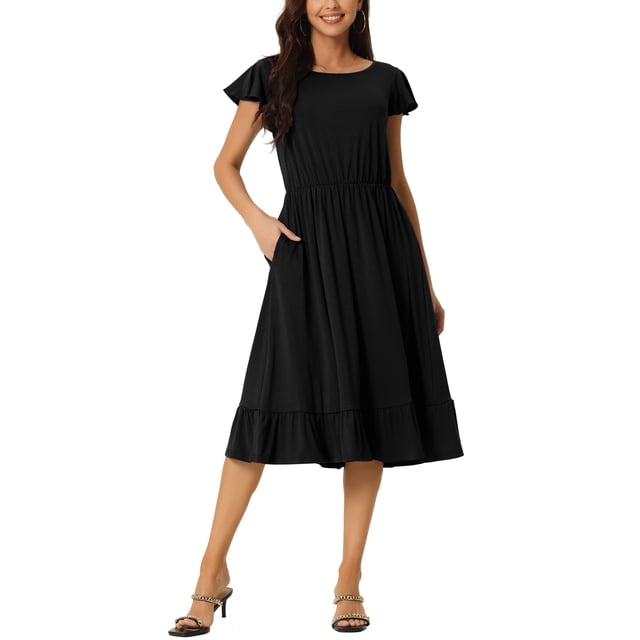 Vestido Casual de Verano para Mujeres INSPIRE CHIC con Bolsillos, Manga Corta con Volantes, Cuello Redondo, dobladillo con Volantes, Midi, Talla M, Negro