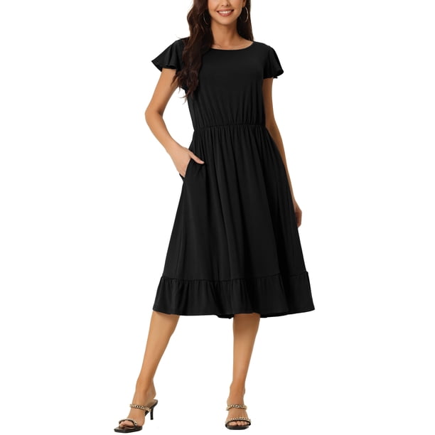 Vestido casual de verano para mujer INSPIRE CHIC con bolsillos, manga corta con volantes, cuello redondo, dobladillo con volantes, midi L negro