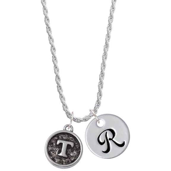Delight Jewelry Silvertone Antiqued Round Seal - Initial - T - Silvertone Script Initial Disc - R - Charm Necklace, 20"+3"