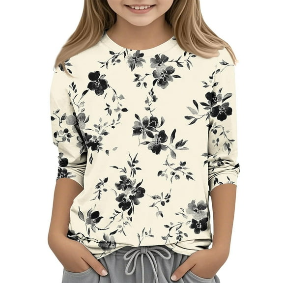 MKOSPLRT Girls 3/4 Sleeve T Shirts Crew Neck Floral Print Shirts Vintage Spring Tops Casual Dressy Blouses Loose Fit Holiday Tees