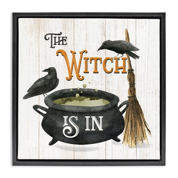 Stupell Industries Eclectic Witch Cauldron & Crows Black Floating Frame Canvas Art, 18 x 18, by Deane Beesley