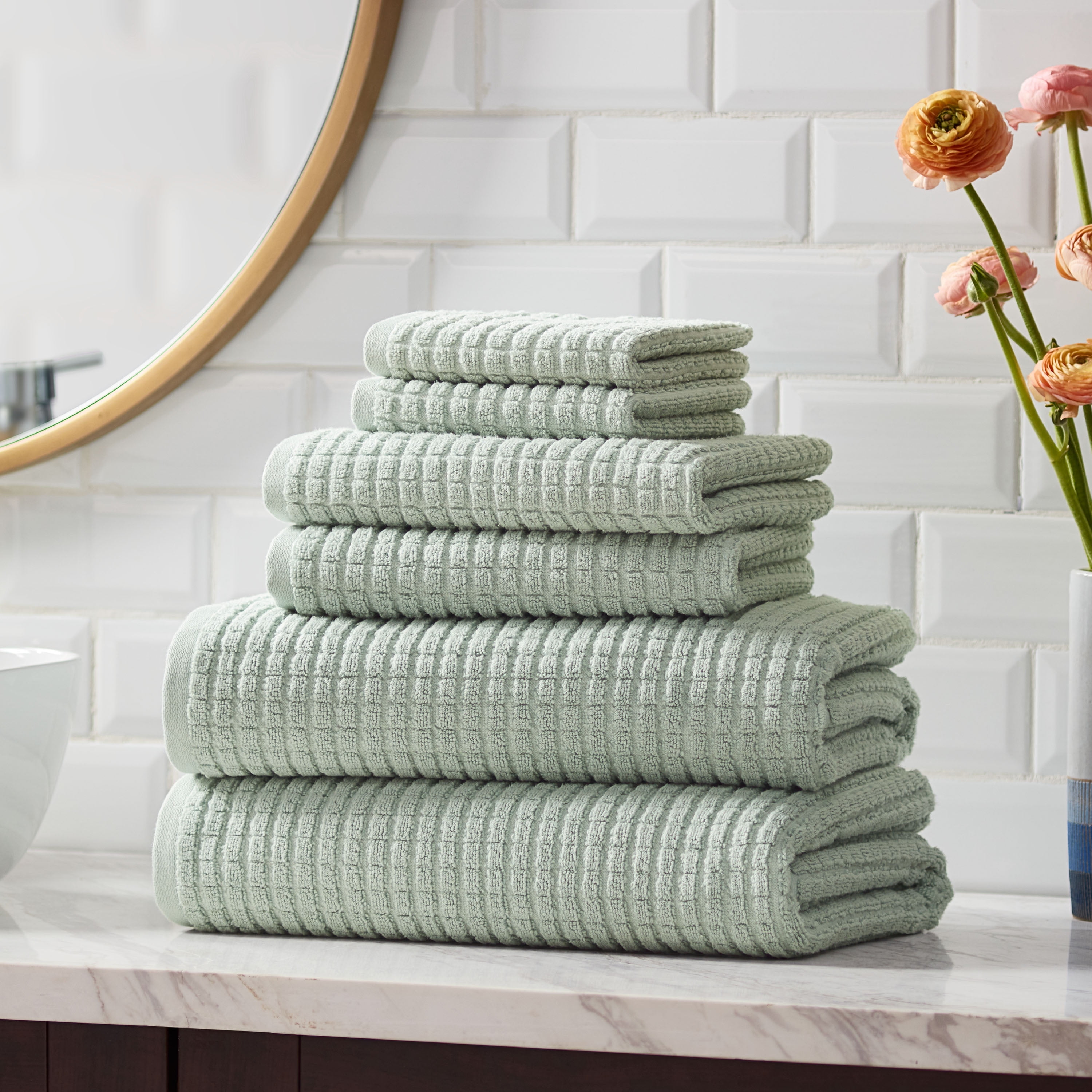 Hotel Style 6-Piece Egyptian Cotton Textured Bath Coordinate Towel Set, Soft Sea