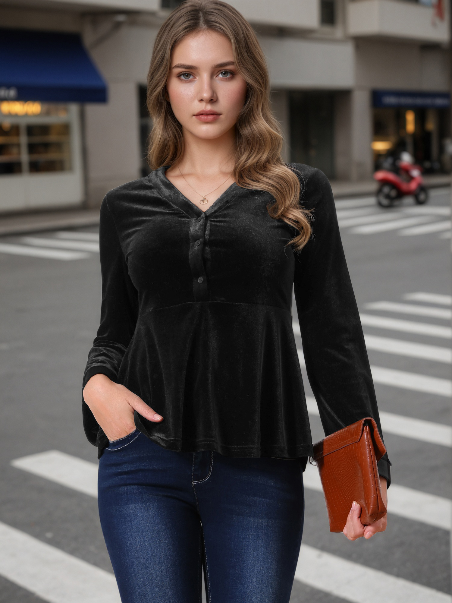 DARING DIVA Women's Velvet V Neck Long Sleeve Babydoll Peplum Top S Black