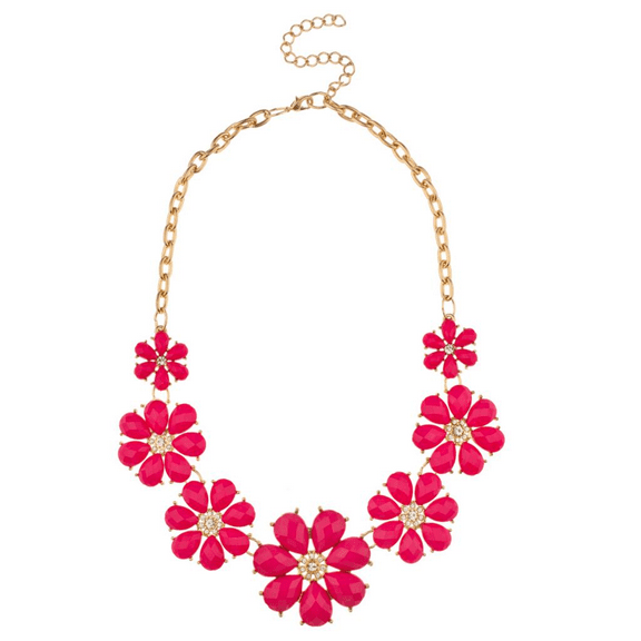 Lux Accessories Red Fuschia Pave Flower Bib Statement Floral Chain Necklace