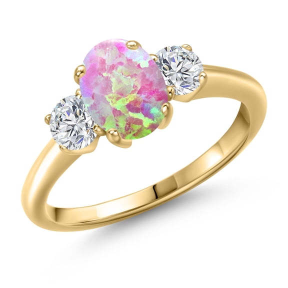 Gem Stone King 1.59 Ct Oval Cabochon Pink Simulated Opal G/H Lab Grown Diamond 18K Yellow Gold Plated Silver Ring