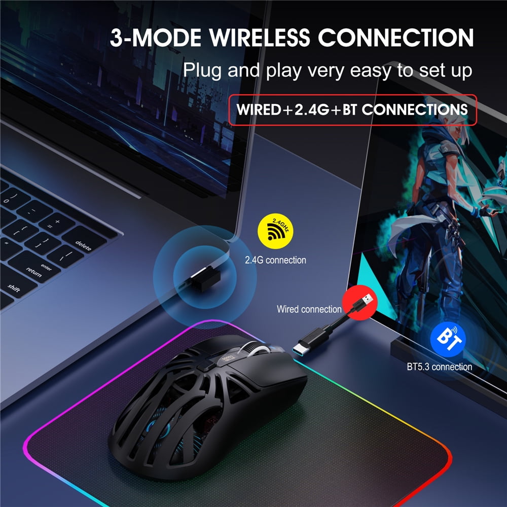 Wireless Gaming Mouse, 10000DPI , 2.4G/USB-C/Bluetooth 5.3 Gaming Mouse Rechargeable Gaming Office Mice for PC