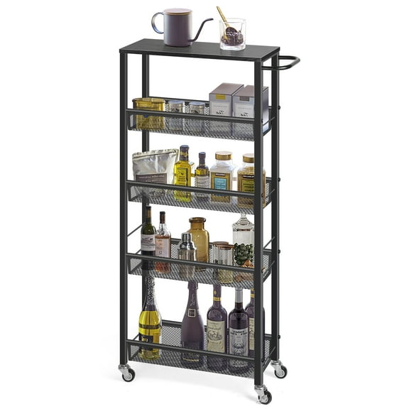 BTY 5 Tier Rolling Storage Cart, 31.7" Black Metal Mesh Shelving Unit with Lockable Wheels, Slim Utility Cart for Kitchen/Bathroom/Laundry Room