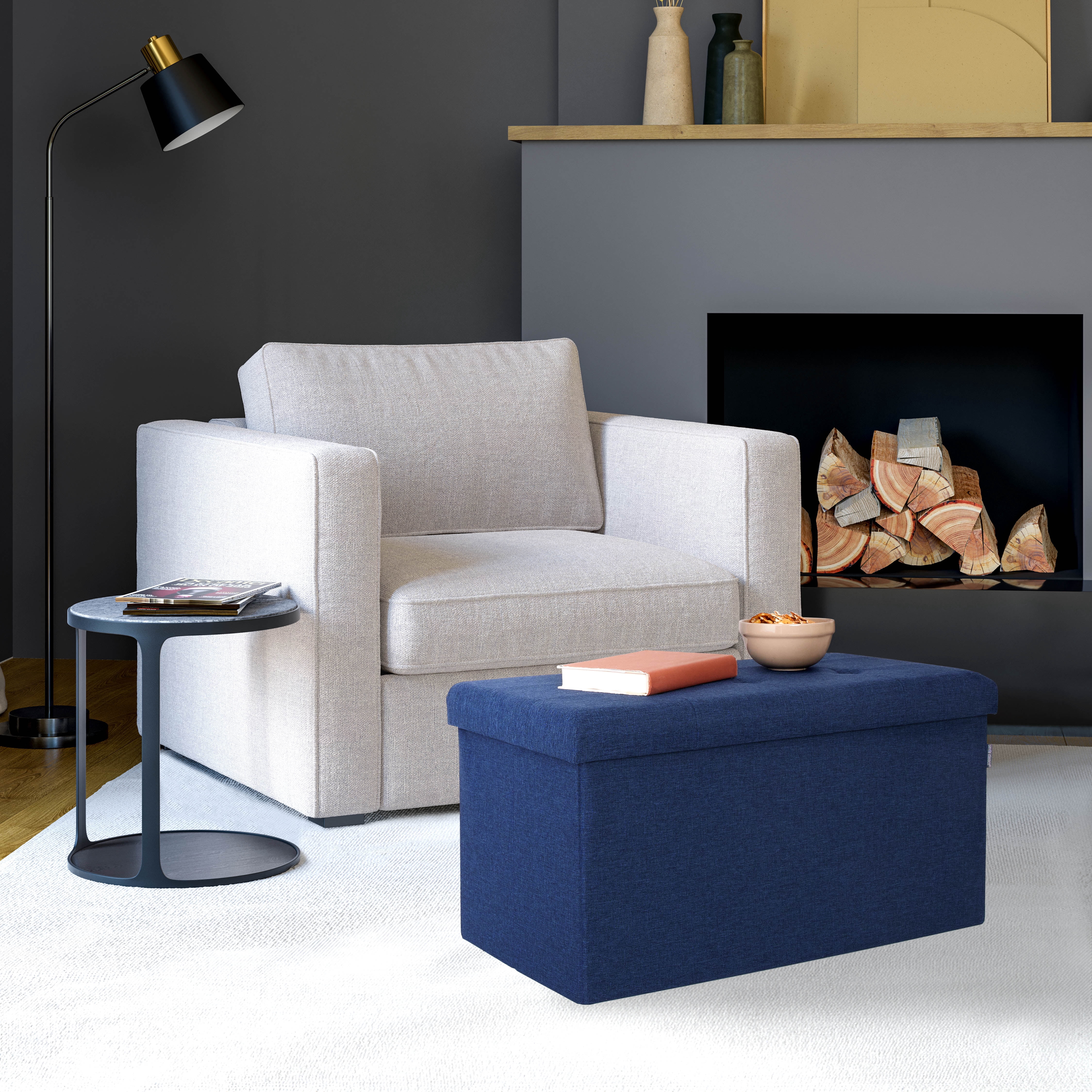 Seville Classics Cushioned Fabric Ottoman Hidden Storage Chest Footrest Chair, Padded Seat for Bedroom, Dorm, Loft, Living Room, Entryway, Hallway, Midnight Blue, 30" Bench