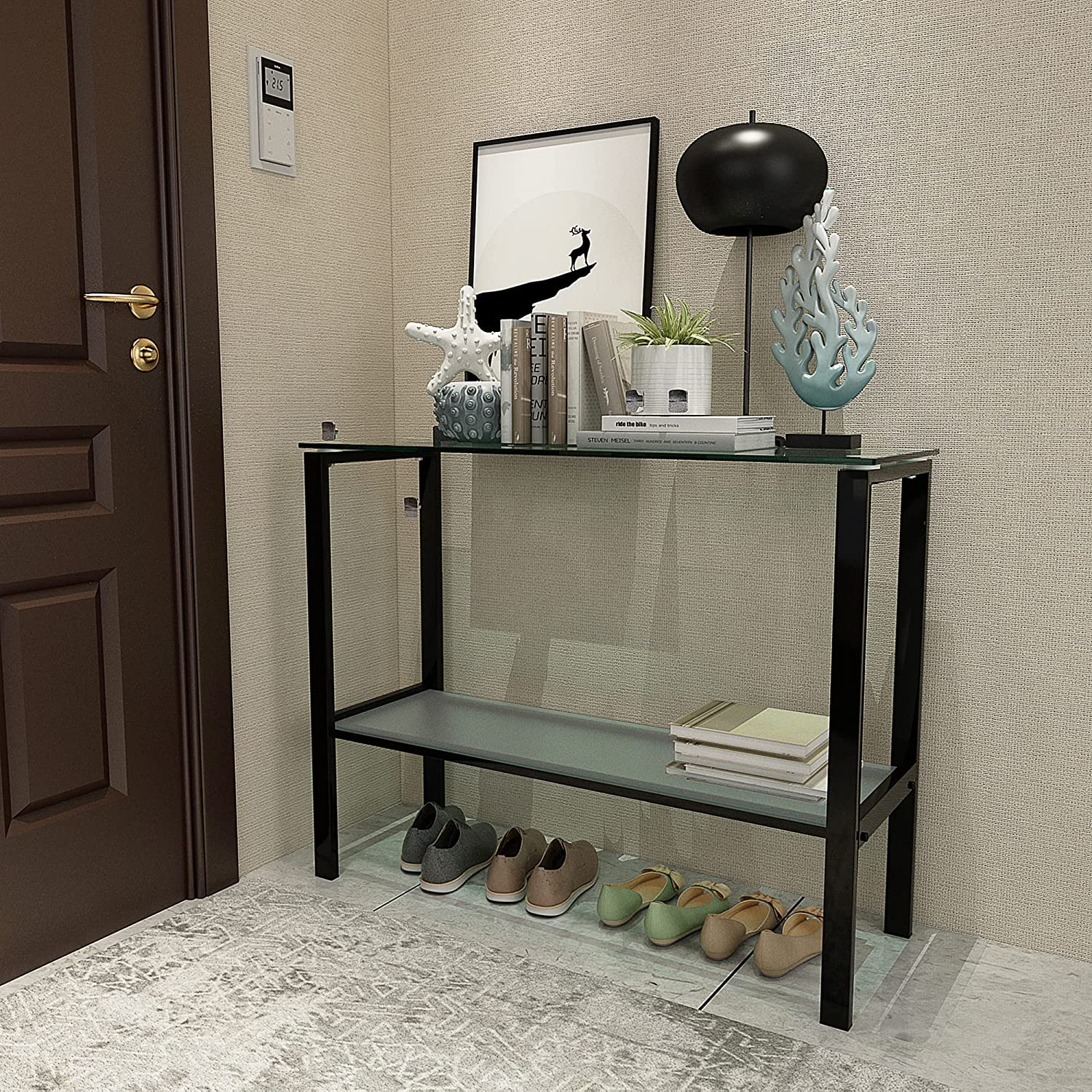 39.37" Console Table with 2 Shelves,Tempered Glass Sofa Table, Modern Entryway Table with Metal Frame for Hallway Living Room Bedroom, Easy Assembly, Black