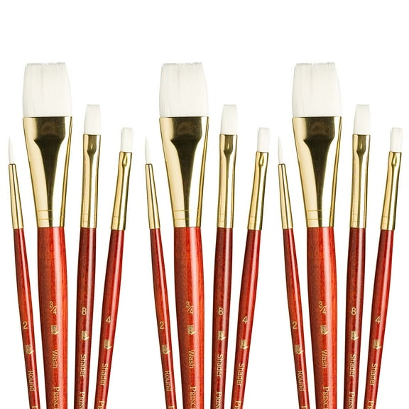 Princeton RealValue Brush Set, White Taklon Bristles, Short Handle Mixed Media Paintbrush, Red, 4 Per Set, 3 Sets
