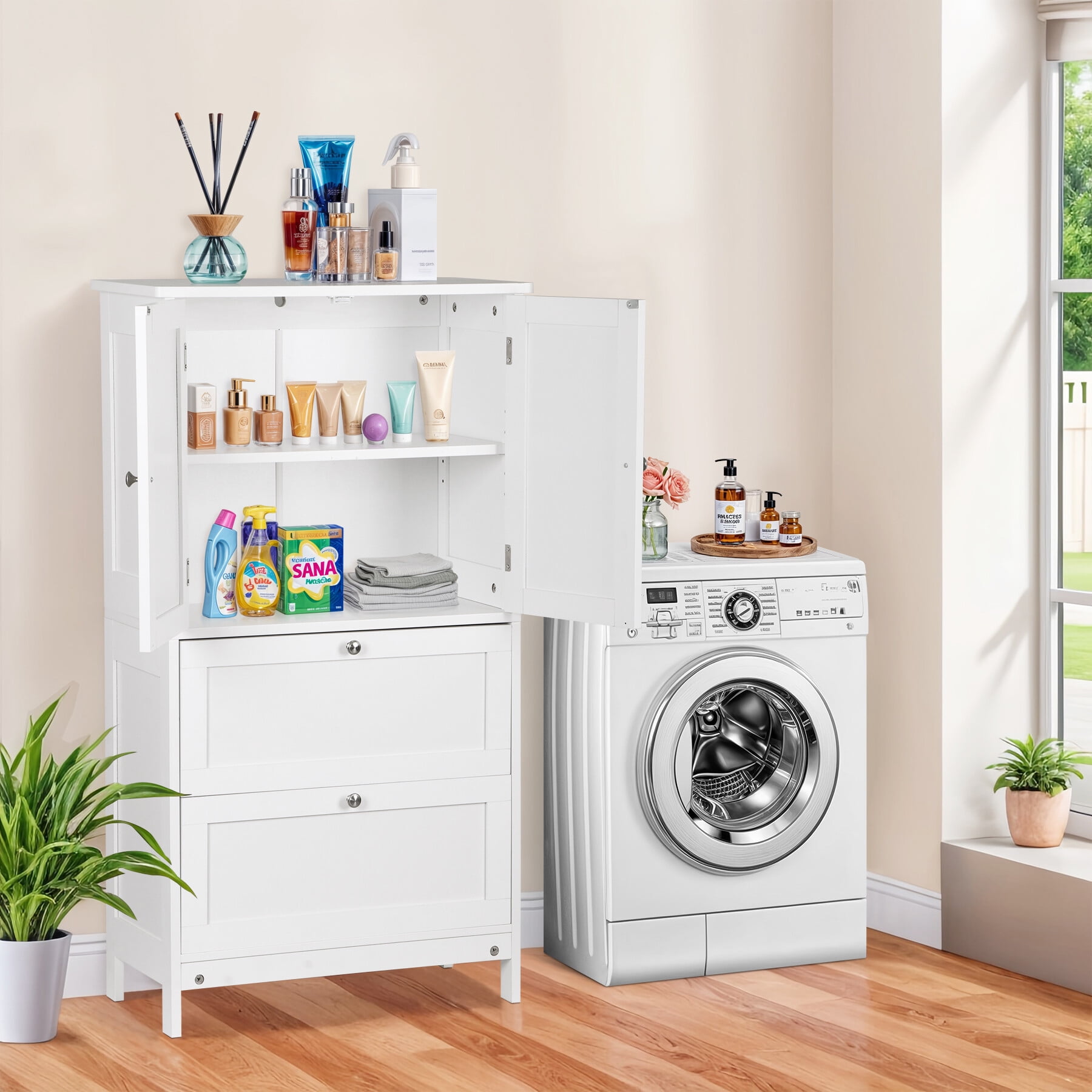 ZENY Bathroom Freestanding Floor Storage Cabinet Storage Unit with 2 Drawers and 2 Doors Adjustable Inner Shelf, White