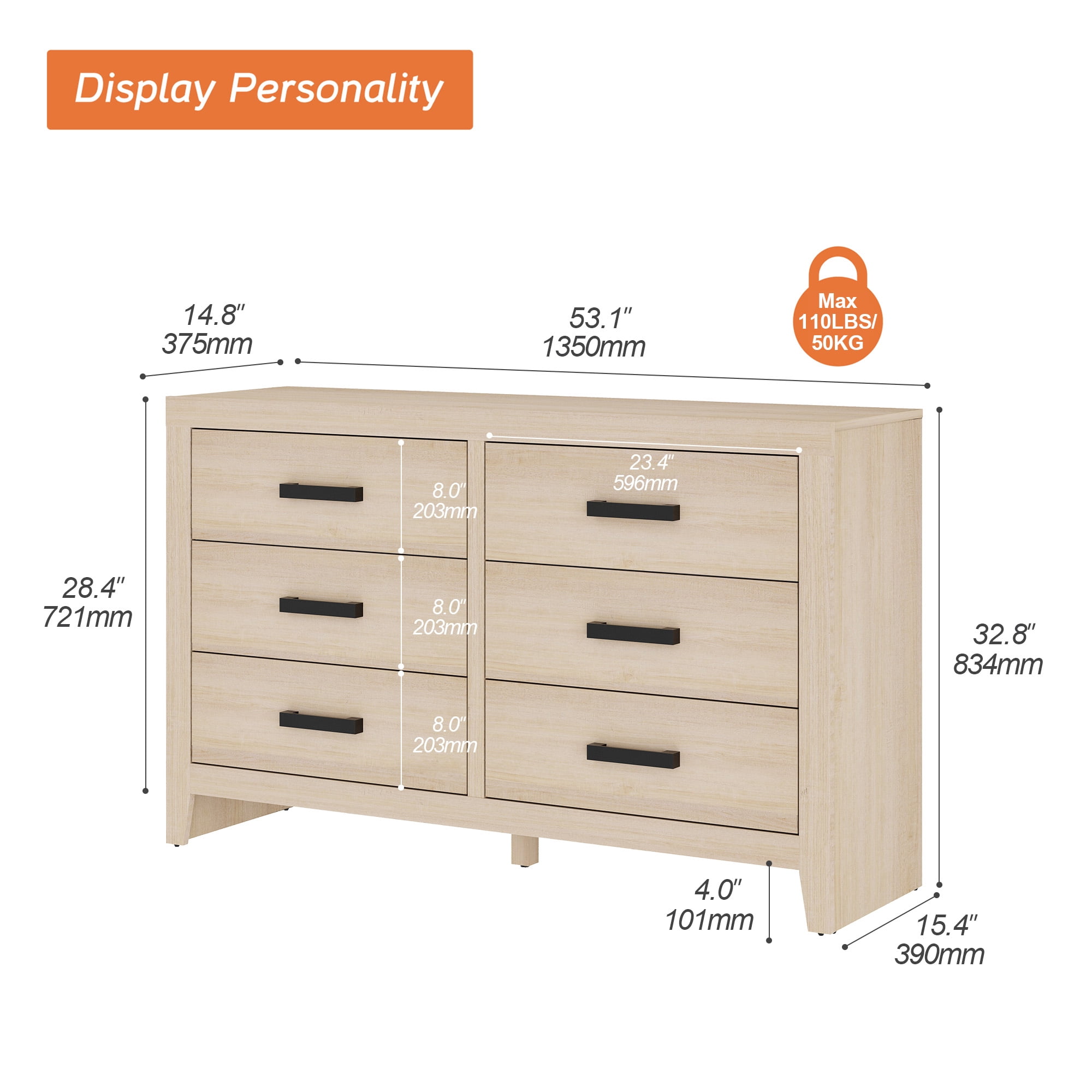 WAMPAT Farmhouse Dresser for Bedroom, 53 Inch Farmhouse Wood Storage Cabinet with 6 Drawers, Rustic Chest of Drawers for Living Room & Hallway