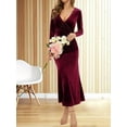 thumbnail image 3 of Womens Elegant Velvet Deep V Neck Wrap Hip Solid Long Sleeve Evening Party Cocktail Prom Gown Long Dress Wine Red L, 3 of 7