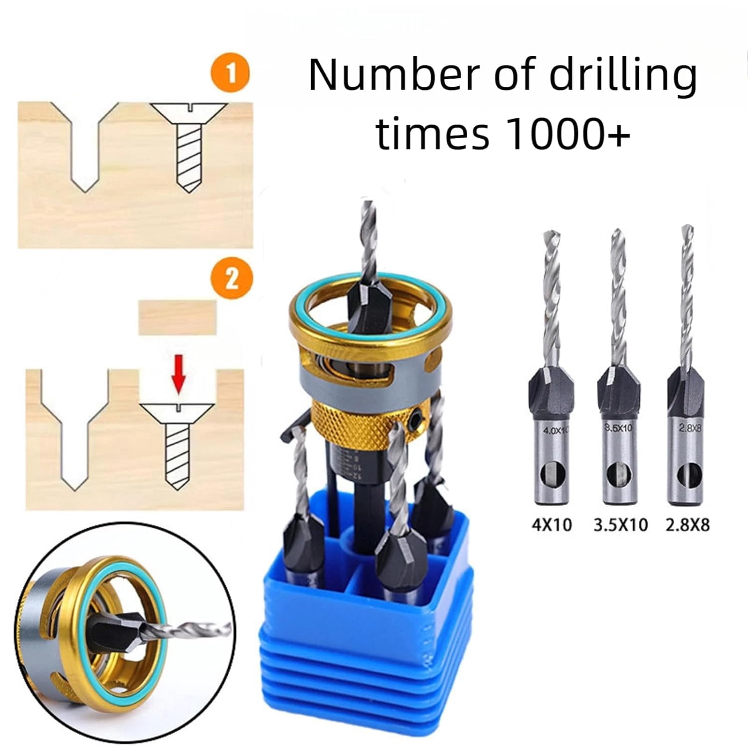 Countersink Drill Bits Set, 4PCS Four-Flute HSS M2 Tapered Drill Bits and Adjustable Depth Stop Collar, Wood Countersink Bit with Wrench for Wood, Plastic, Woodworking (Gold)