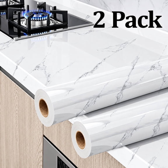 OFEFE 2 Packs Glossy Marble Paper Granite Gray/White,Countertop Contact Paper,Wallpaper Peel and Stick Wallpaper Self Adhesive Removable Wallpapers 24″ ×118″ Waterproof Countertop Paper