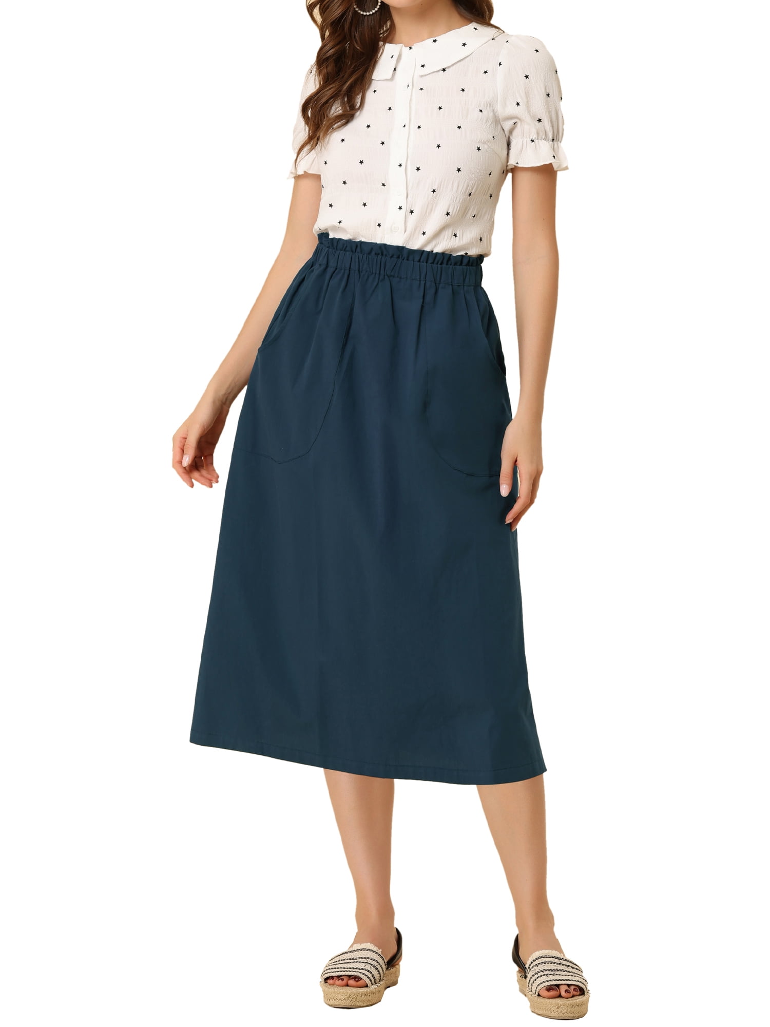 DARING DIVA Women's Cotton A-Line Midi Skirt with Pockets M Dark Blue